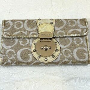 VTG Guess Canvas Logo Alligator Faux Print Snap Clutch Wallet 6.5"x3.5"